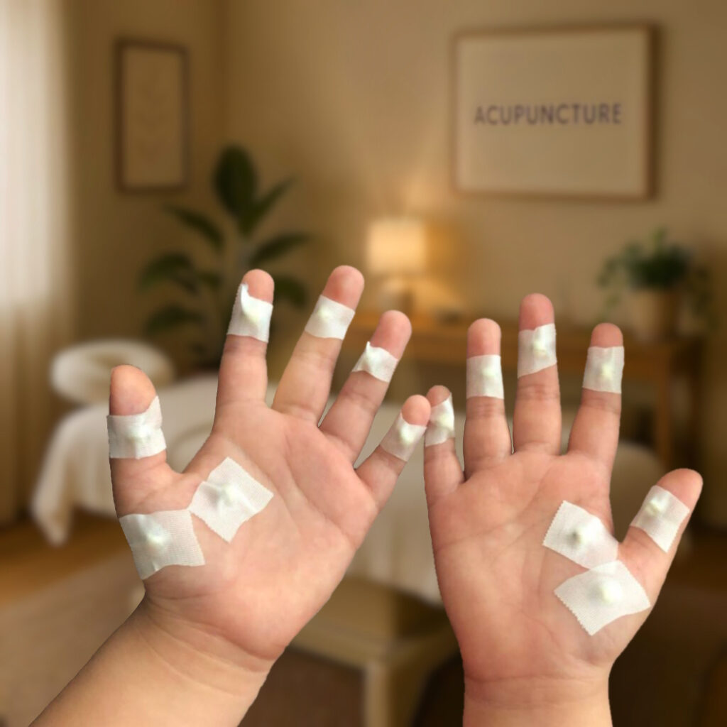Close-up of hand with patches applied for needle-free Hand Patch Acupuncture treatment